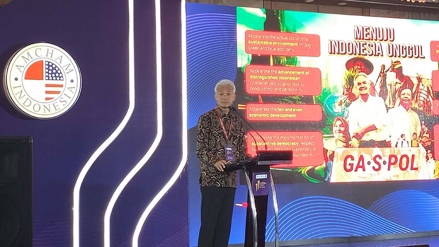 Ganjar Pranowo di acara U.S - Indonesia Investment Summit 2023, Selasa (24/10/2023). (Bloomberg Technoz/Sultan Ibnu Affan)