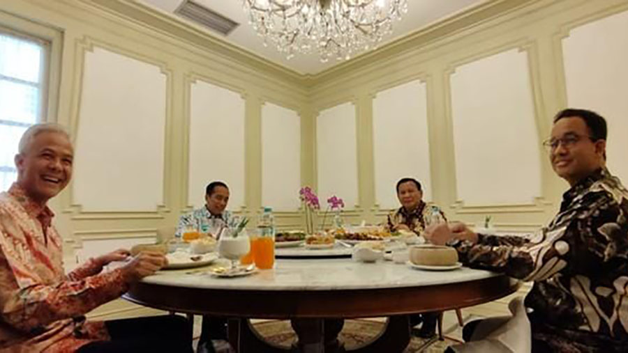 Presiden Jokowi makan siang dengan tiga bakal calon presiden yakni Prabowo Subianto, Ganjar Pranowo, dan Anies Baswedan.  (Istimewa)