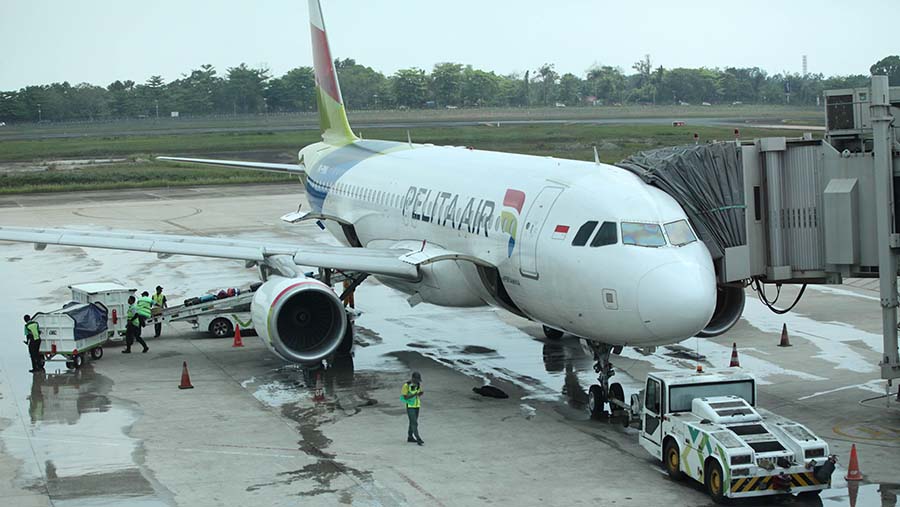 Pesawat Pelita Air terparkir di Bandara Syamsudin Noor, Banjarmasin, Rabu (1/11/2023). (Bloomberg Technoz/Andrean Kristianto)