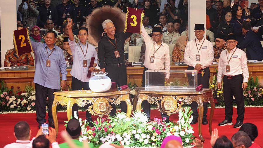 Nomor urut 1 Anies Baswedan-Muhaimin Iskandar, nomor urut 2 Prabowo Subianto-Gibran Rakabuming, dan nomor urut 3 milik Ganjar Pranowo-Mahfud MD.