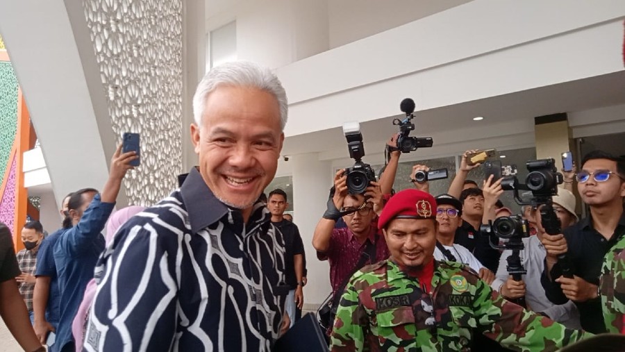 Capres Ganjar Pranowo di kampus UMJ Jakarta (Bloomberg Technoz/Pramesti Regita Cindy)