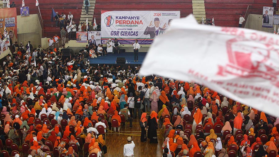 Capres Anies Baswedan mengakhiri pidato kampanyenya pada pukul 12.47 dan bersiap menuju Bogor.. (Bloomberg Technoz/Andrean Kristianto)