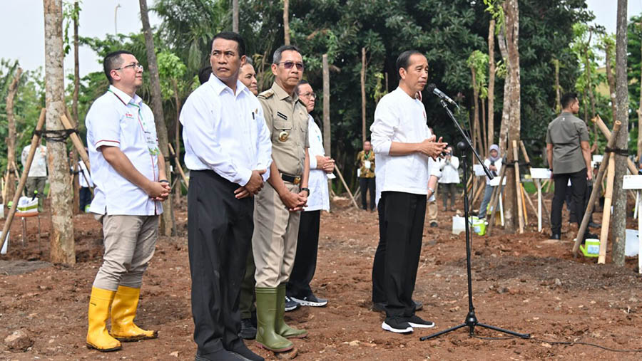 Presiden Jokowi melaksanakan penanaman pohon di Hutan Kota JIEP Kawasan Industri Pulogadung, Jakarta, Rabu (29/11/2023). (BPMI Setpres/Vico)