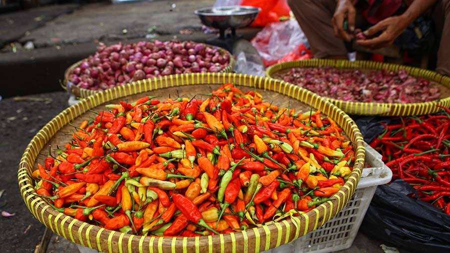 Cabai rawit merah dijual di Pasar Minggu, Jumat (1/12/2023). (Bloomberg Technoz/Andrean Kristianto)
