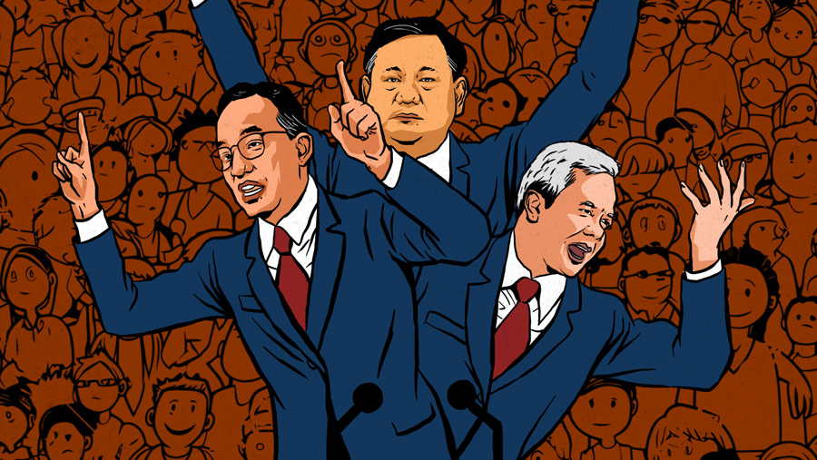 Ilustrasi Capres Anies Baswedan, Ganjar Pranowo dan Prabowo (Arie Pratama/Bloomberg Technoz)