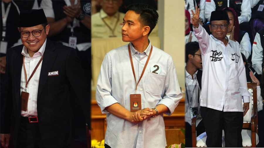 Cawapres Pemilu 2024 (kiri-kanan), Muhaimin Iskandar, Gibran Rakabuming Raka dan Mahfud MD. (Dimas Ardian/Bloomberg)