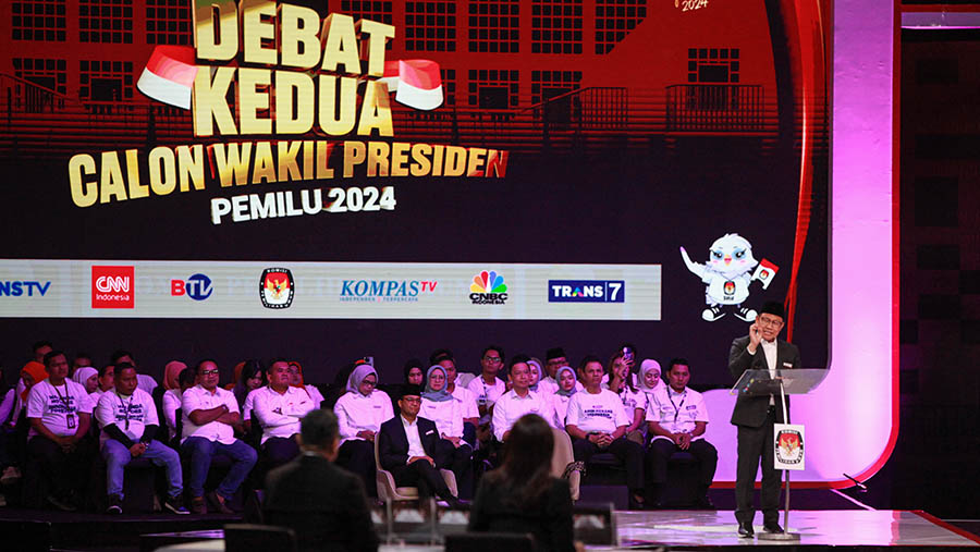 Cawapres Muhaimin Iskandar saat debat kedua Cawapres di JCC, Jumat (22/12/2023). (Bloomberg Technoz/Andrean Kristianto)