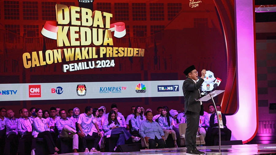 Cawapres Muhaimin Iskandar saat debat kedua Cawapres di JCC, Jumat (22/12/2023). (Bloomberg Technoz/Andrean Kristianto)