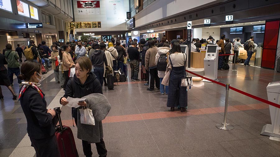 Penumpang mengantre di loket layanan Japan Airlines di Bandara Haneda di Tokyo, Jepang, Selasa (2/1/2023). (Kentaro Takahashi/Bloomberg)