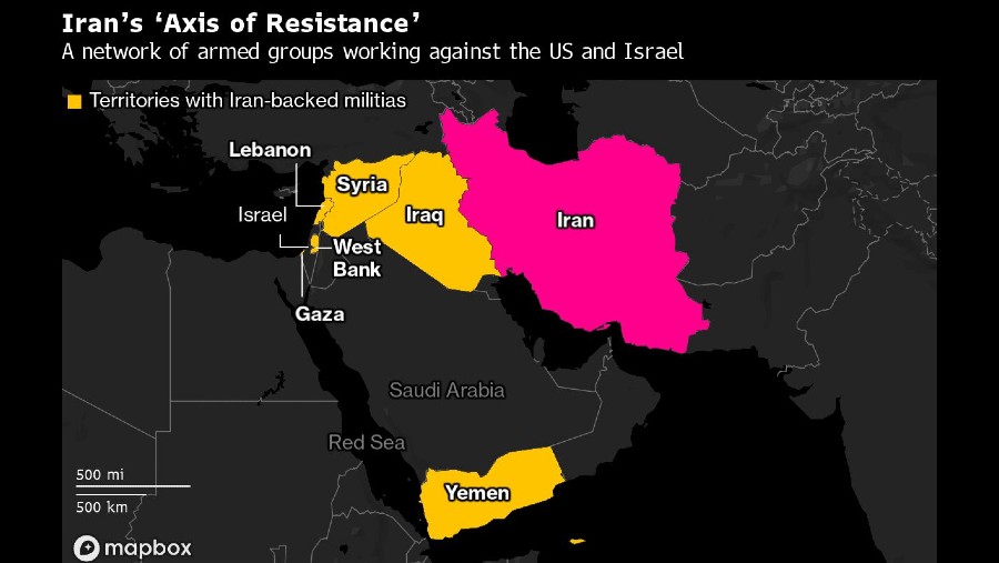 Peta konflik yang kini melibatkan Iran melawan Israel. (Dok: Bloomberg)