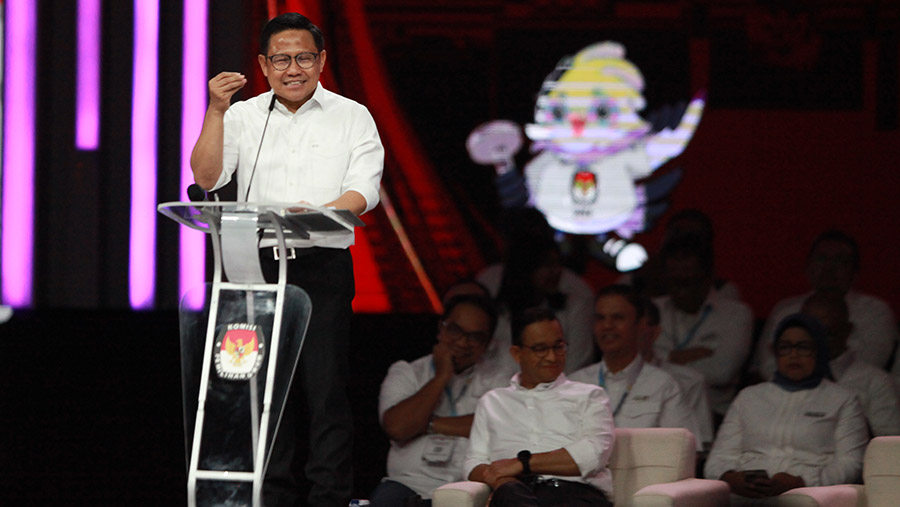 Cawapres nomor urut 1 Muhaimin Iskandar saat debat keempat cawapres di JCC, Jakarta, Minggu (21/1/2024). (Bloomberg Technioz/Andrean Kristianto)