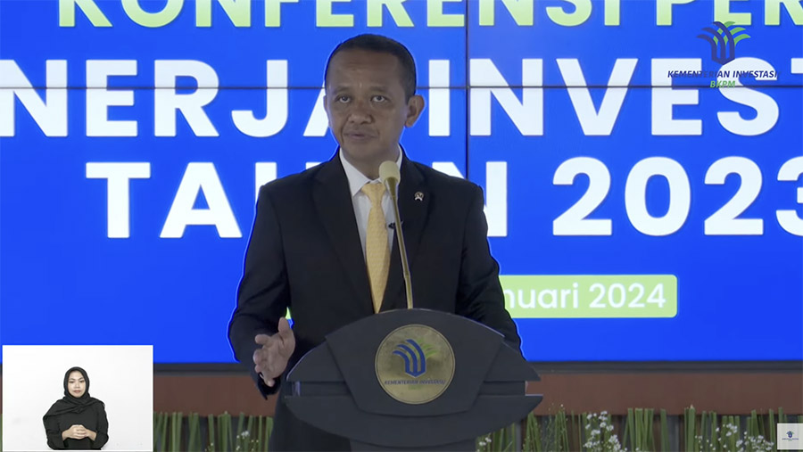 Menteri Investasi/Kepala BKPM, Bahlil Lahadalia saat Konferensi Pers Kinerja Investasi Tahun 2023. (Tangkapan Layar Youtube BKPM)