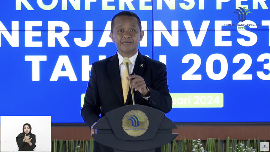 Menteri Investasi/Kepala BKPM, Bahlil Lahadalia saat Konferensi Pers Kinerja Investasi Tahun 2023. (Tangkapan Layar Youtube BKPM)