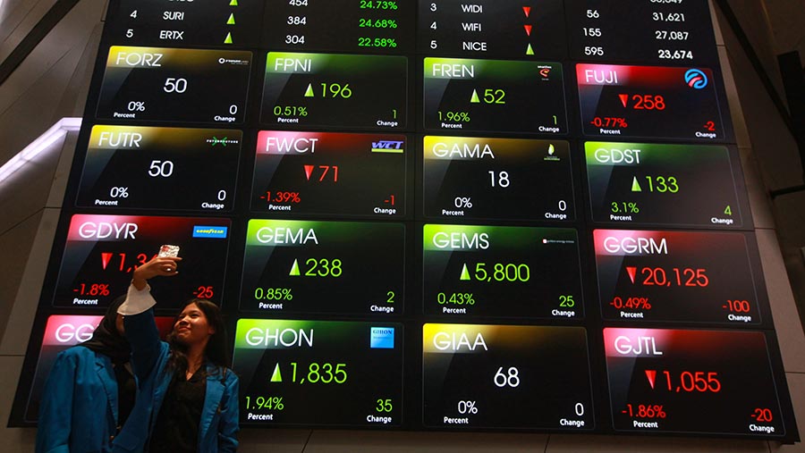 Siswa berswafoto di depan layar pergerakan perdagangan saham (IHSG) di Bursa Efek Indonesia (BEI). (Bloomberg Technoz/Andrean Kristianto)