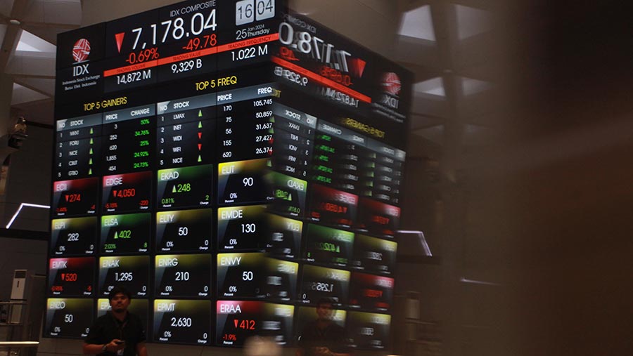 Karyawan melintas di depan layar pergerakan perdagangan saham (IHSG) di Bursa Efek Indonesia (BEI). (Bloomberg Technoz/Andrean Kristianto)