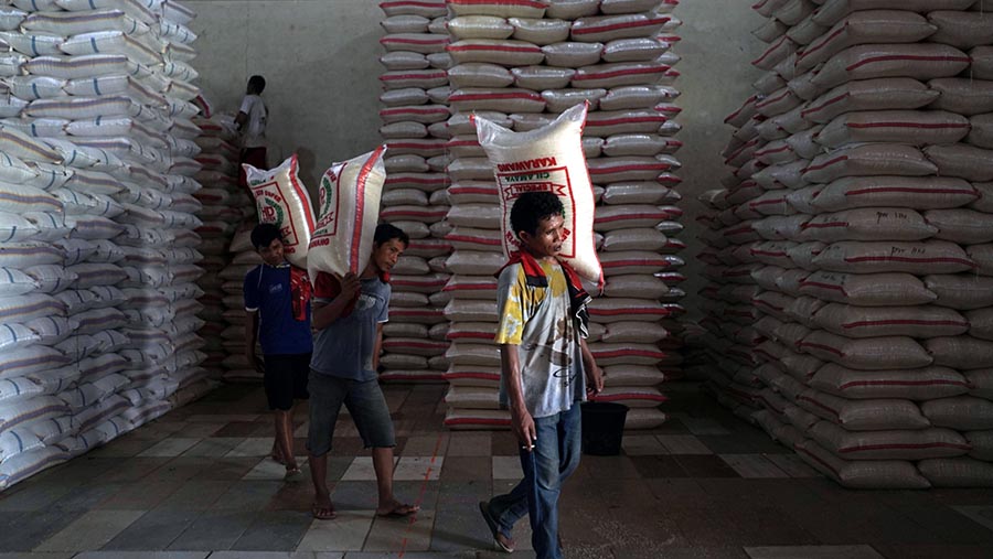 Pekerja membawa karung beras di Jakarta. (Dimas Ardian/Bloomberg)