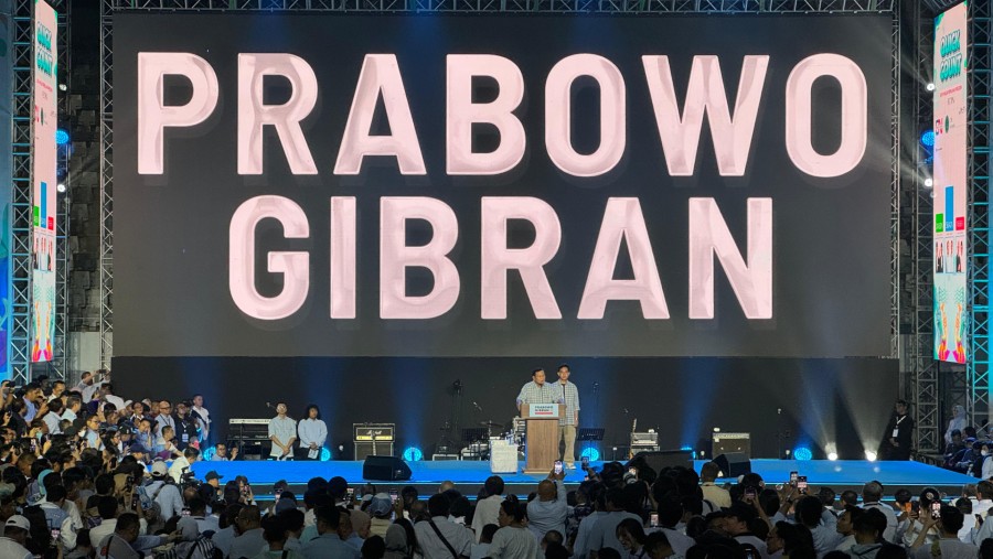 Pidato kemenangan Prabowo-Gibran di Istora Senayan, Rabu (14/2//2024)/Bloomberg Technoz-Andrean Kristianto