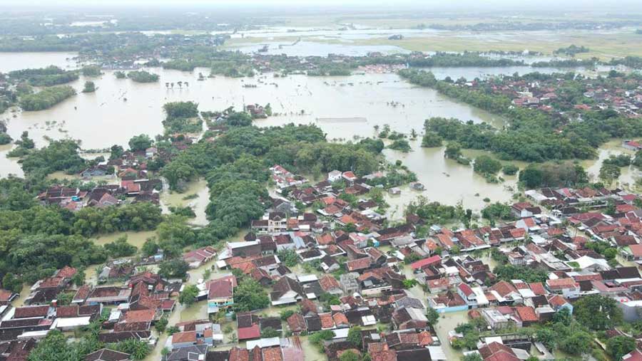 Foto udara area terdampak banjir di Kabupaten Grobogan, Jawa Tengah, Jumat (15/3). (BPBD Kabupaten Grobogan)