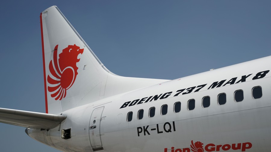 Stabilisator pesawat di pesawat Lion Air Boeing Co. 737 Max 8 yang dilarang terbang di Terminal 1Bandara Internasional Soekarno-Hatta./Bloomberg