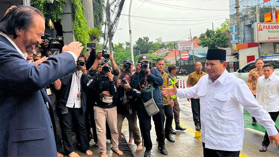 Kunjungan Prabowo NasDem Tower bertemu Surya Paloh ( Bloomberg Technoz/Mis Fransiska)
