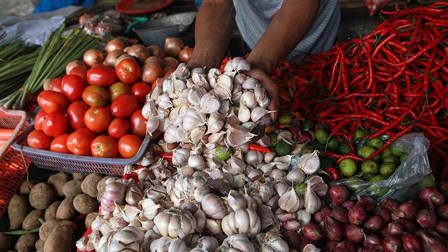 Pedagang merapihkan bawang putih di Pasar Kebayoran Lama, Jakarta, Senin (25/3/2024). (Bloomberg Technoz/Andrean Kristianto)

