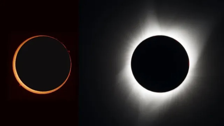 Perbandingan Gerhana Matahari 2023 dan 2024. (Dok: NASA)