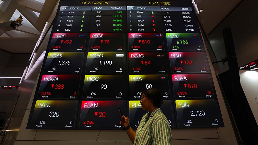 Karyawan melintas di depan layar pergerakan saham (IHSG) di Bursa Efek Indonesia (BEI), Selasa (16/4/2024). (Bloomberg Technoz/Andrean Kristianto)