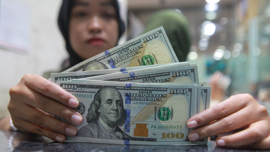 Pekerja merapihkan uang dolar AS di salah satu gerai penukaran uang di ITC Kuningan, Jakarta, Rabu (17/4/2024). (Bloomberg Technoz/Andrean Kristianto)