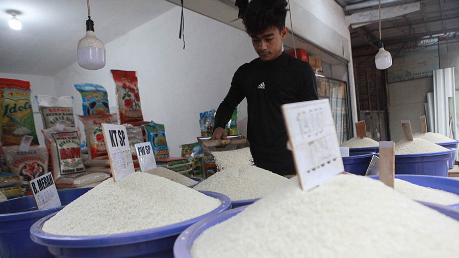Pekerja menuang beras di agen beras kawasan Pasar Minggu, Rabu (22/5/2024). (Bloomberg Technoz/ Andrean Kristianto)