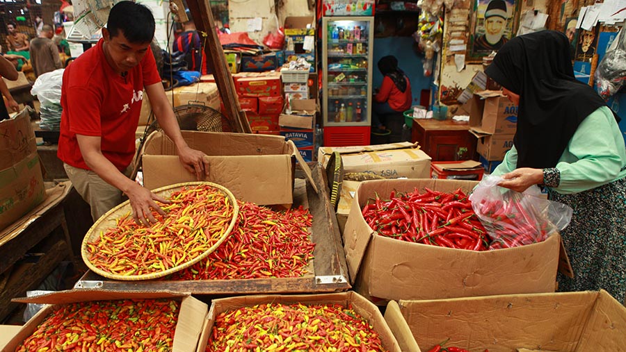 Pedagang merapihkan cabai merah besar dan cabai rawit di Pasar Kramat Jati, Jakarta, Rabu (10/7/2024). (Bloomberg Technoz/Andrean Kristianto)