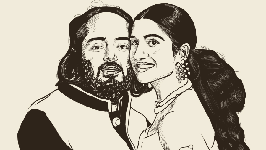 Ilustrasi Anant Ambani dan Radhika Merchant (Bloomberg Technoz/Arie Pratama)