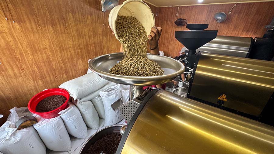 Karyawan meroasting biji kopi di salah satu tempat penjualan kopi di Jakarta, Selasa (16/7/2024). (Bloomberg Technoz/Andrean Kristianto)