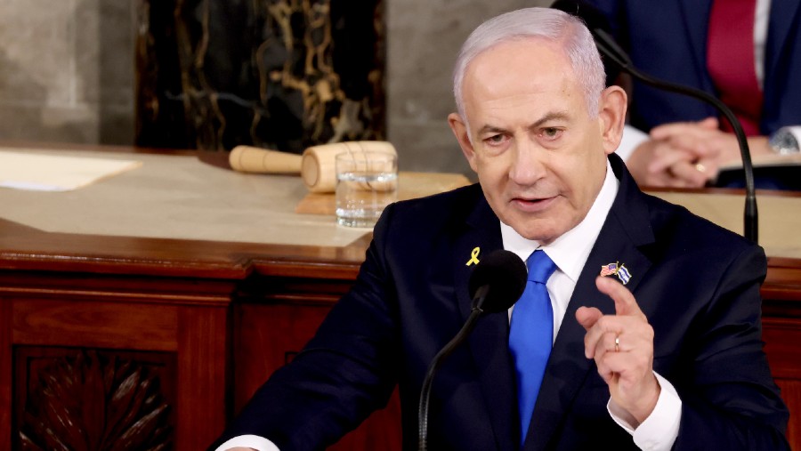  Perdana Menteri Israel Benjamin Netanyahu di hadapan Kongres AS. (Dok: Bloomberg)