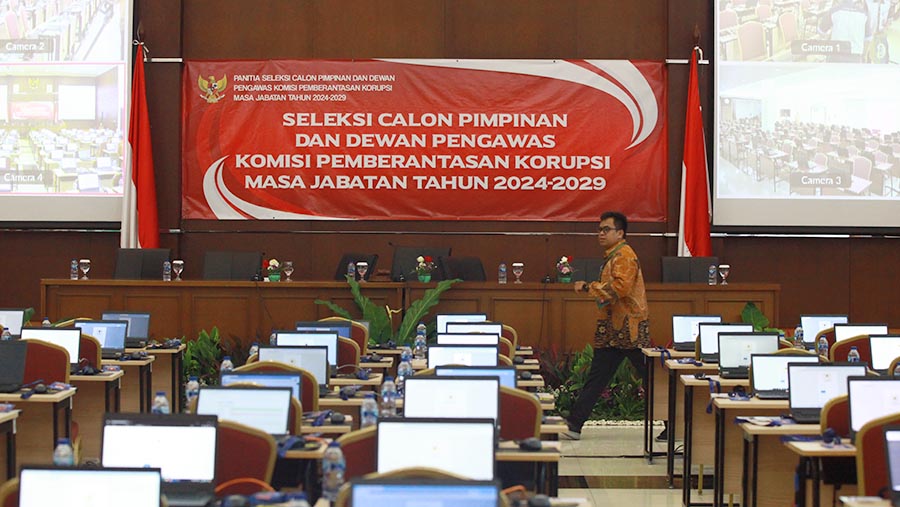 Suasana ruangan tes tertulis untuk Calon pimpinan (Capim) KPK di Jakarta, Rabu (31/7/2024). (Bloomberg Technoz/Andrean Kristianto
