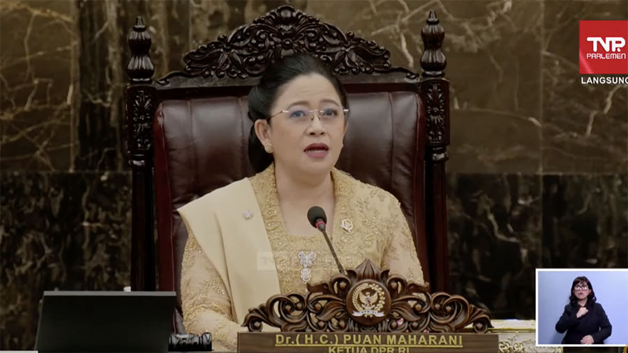 Ketua DPR RI, Puan Maharani saat sidang tahunan MPR dan Pidato Kenegaraan, Jumat (16/8/2024). (Tangkapan Layar Youtube DPR)