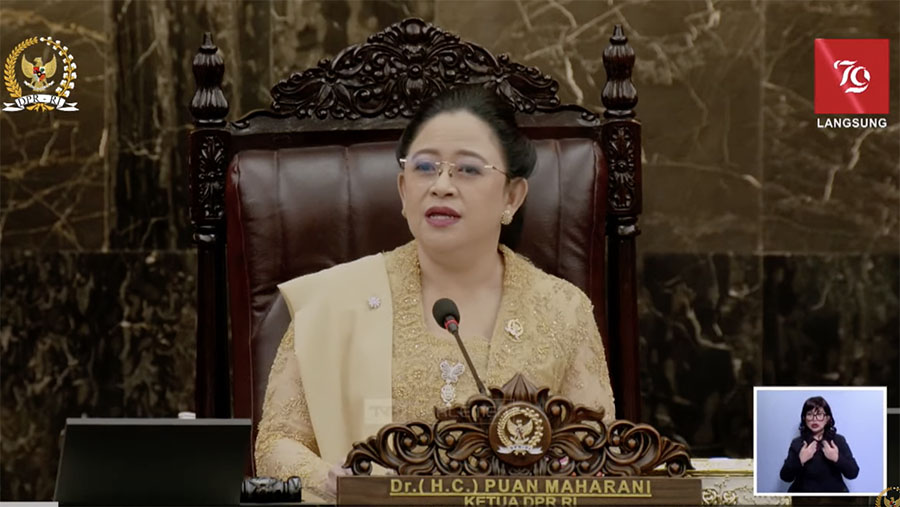 Ketua DPR RI, Puan Maharani saat sidang tahunan MPR dan Pidato Kenegaraan, Jumat (16/8/2024). (Tangkapan Layar Youtube DPR)