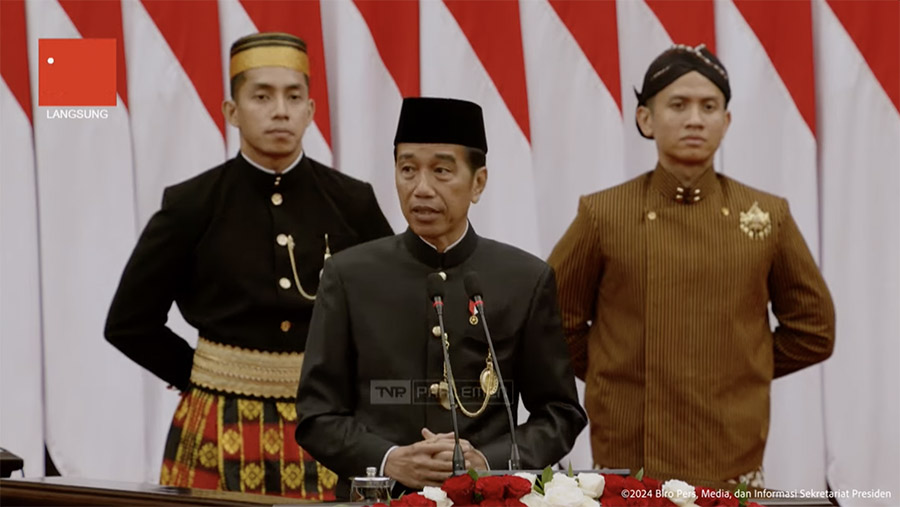 Presiden Jokowi saat mengikuti sidang tahunan MPR dan Pidato Kenegaraan di DPR, Jumat (16/8/2024).  (Tangkapan Layar Youtube Sekretariat Presiden)