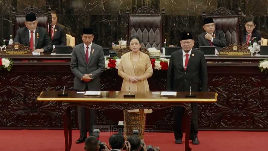 Presiden RI Joko Widodo, Puan Maharani, Lanyalla dalam rapat Penyampaian RUU APBN 2025 dan Nota Keuangan di DPR. Jumat (16/8/2024). (Youtube Setpres)