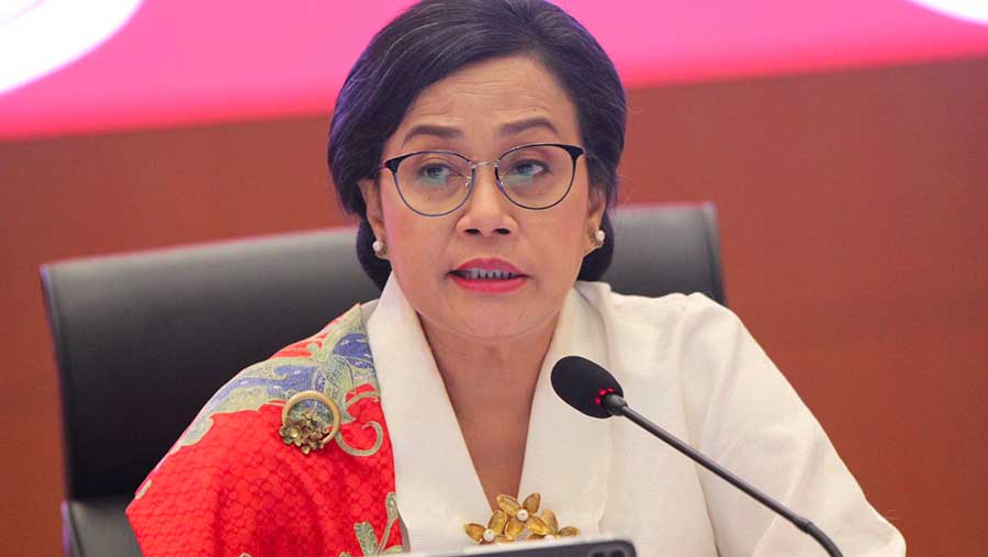 Menteri Keuangan Sri Mulyani saat konfrensi pers RAPN 2025 di Kantor Pusat Ditjen Pajak, Jumat (16/8/2024). (Bloomberg Technoz/Andrean Kristianto)