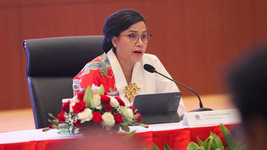 Menteri Keuangan Sri Mulyani saat konfrensi pers RAPN 2025 di Kantor Pusat Ditjen Pajak, Jumat (16/8/2024). (Bloomberg Technoz/Andrean Kristianto)