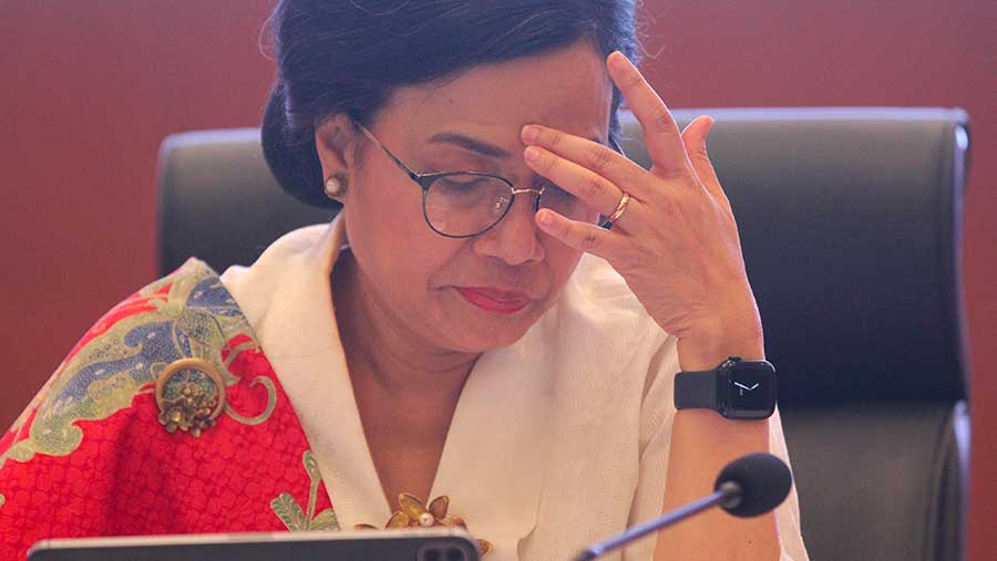 Menteri Keuangan Sri Mulyani saat konfrensi pers RAPN 2025 di Kantor Pusat Ditjen Pajak, Jumat (16/8/2024). (Bloomberg Technoz/Andrean Kristianto)