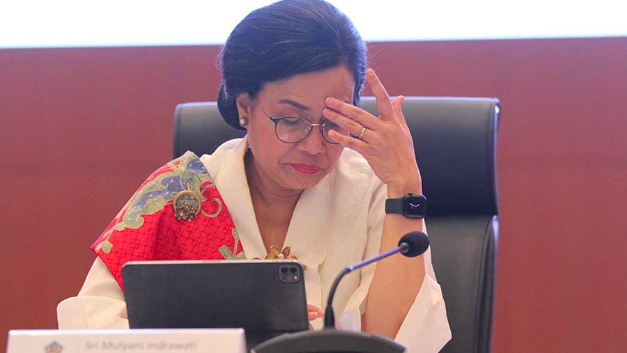 Menteri Keuangan Sri Mulyani saat konfrensi pers RAPN 2025 di Kantor Pusat Ditjen Pajak, Jumat (16/8/2024). (Bloomberg Technoz/Andrean Kristianto)