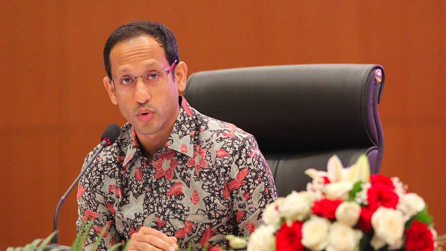 Nadiem Anwar Makarim saat konfrensi pers RAPN 2025 di Kantor Pusat Ditjen Pajak, Jumat (16/8/2024). (Bloomberg Technoz/Andrean Kristianto)