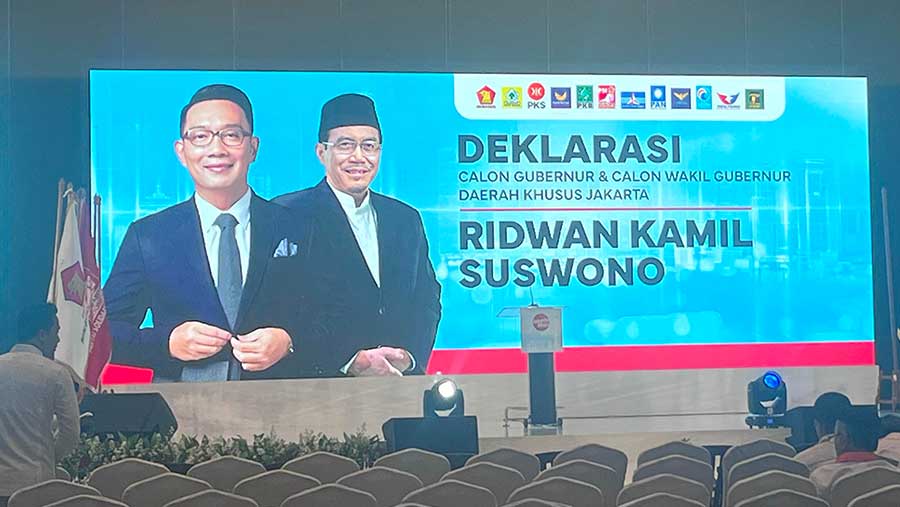 Deklarasi Ridwan Kamil-Suswono sebagai paslon dari KIM Plus di Pilkada DKI Jakarta, Hotel Sultan. (Bloomberg Technoz/Muhammad Fikri)