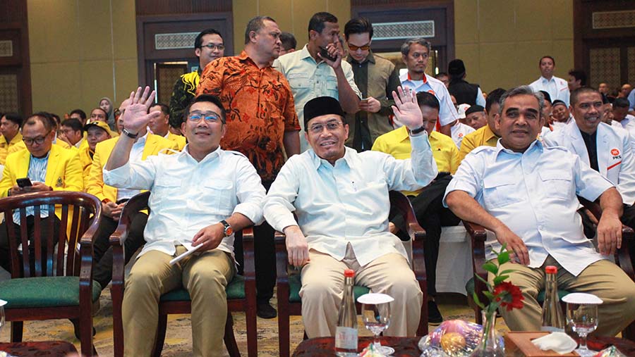 Ridwan Kamil dan Suswono mengahadiri Deklarasi dirinya sebagai Cagub dan Cawagub di Jakarta, Senin (19/8/2024). (Bloomberg Technoz/Andrean Kristianto)