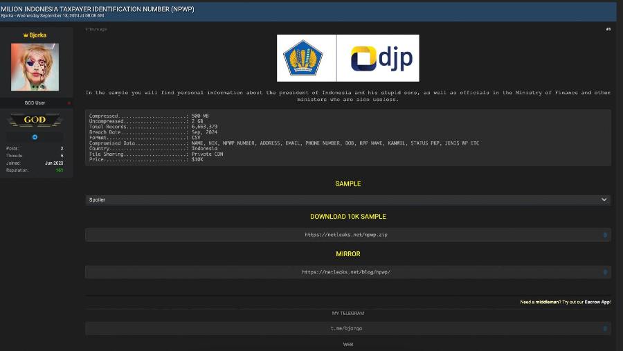 Indentifikasi sebuah akun di forum dark web jual 6 juta data NPWP dll Indonesia, ada Jokowi. (Dok: Tangkapan Layar)