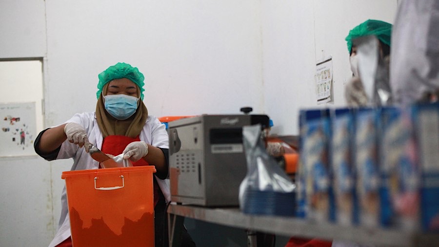 Pekerja melakukan pembungkusan susu ikan di unit pengolahan susu ikan di Bekasi, Rabu (18/9/2024). (Bloomberg Technoz/Andrean Kristianto)
