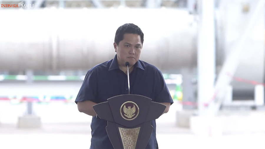 Menteri BUMN, Erick Thohir aat peresmikan produksi Smelter PT. Freeport Indonesia di Gresik, Senin (23/9/2024). (Tangkapan Layar Youtube Setpres)