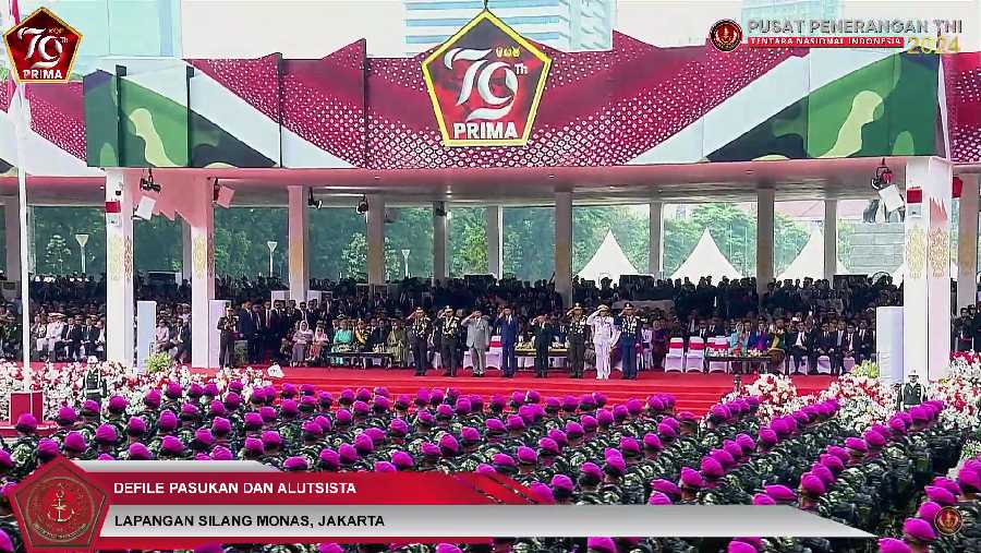 Suasana acara puncak HUT ke-79 TNI pada Sabtu di Lapangan Monas. (Tangkapan Layar Sekretariat Presiden)