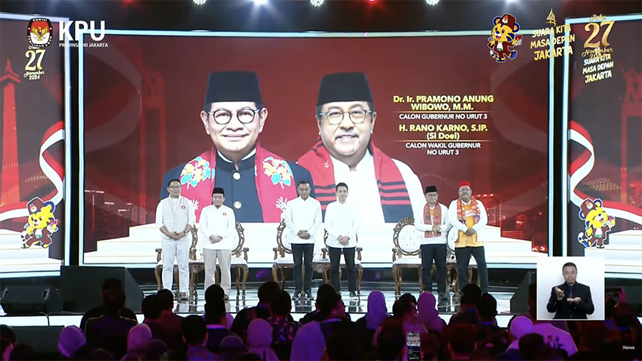 Suasana debat pertama Calon Gubernur dan Cawagub Jakarta di JIExpo Kemayoran, Minggu (6/10/2024). (Tangkapan Layar Youtube KPU PROVINSI DKI JAKARTA)